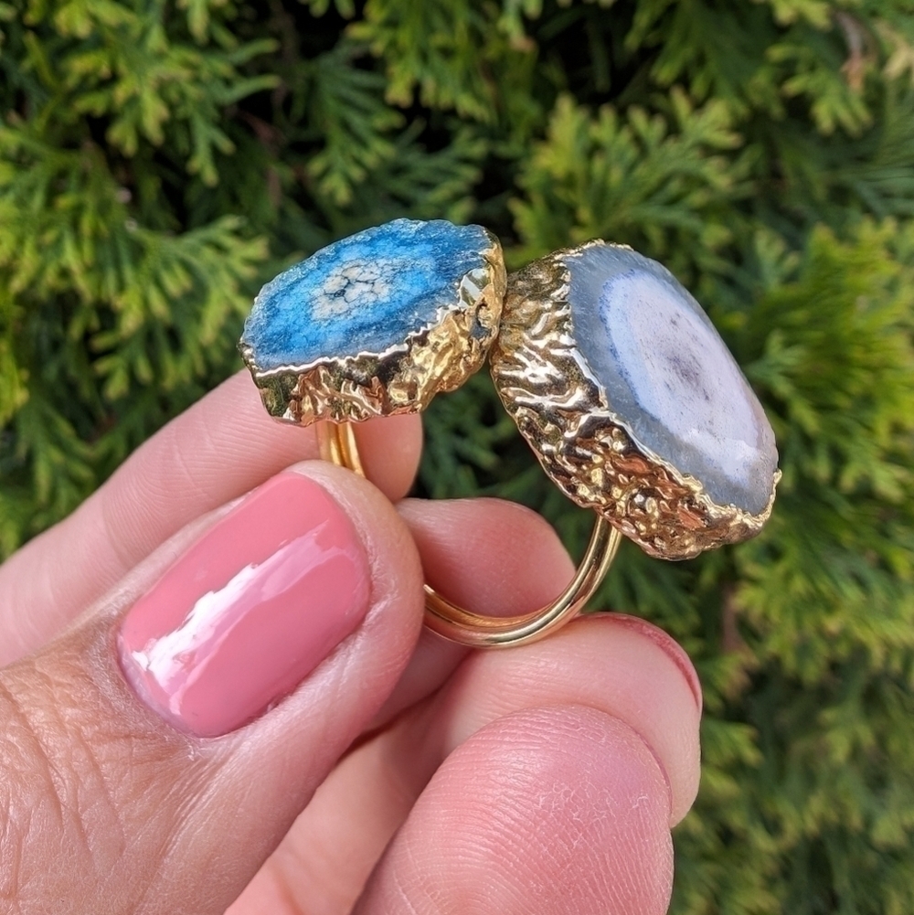 Artisan Handmade In Morocco Adjustable Blue Double Geode Gold Ring Size 8 - Picture 4 of 8